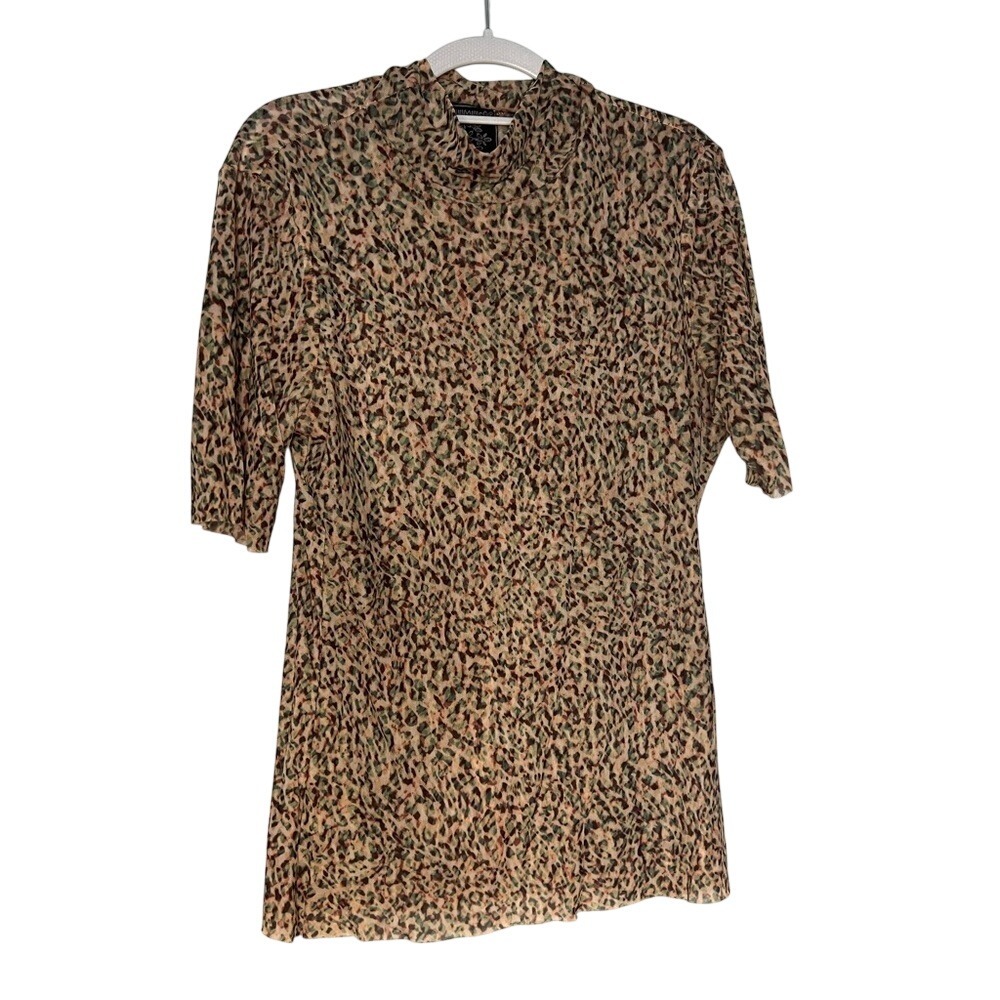 Johnny Was Jade green and beige leopard print mock neck lightweight blouse